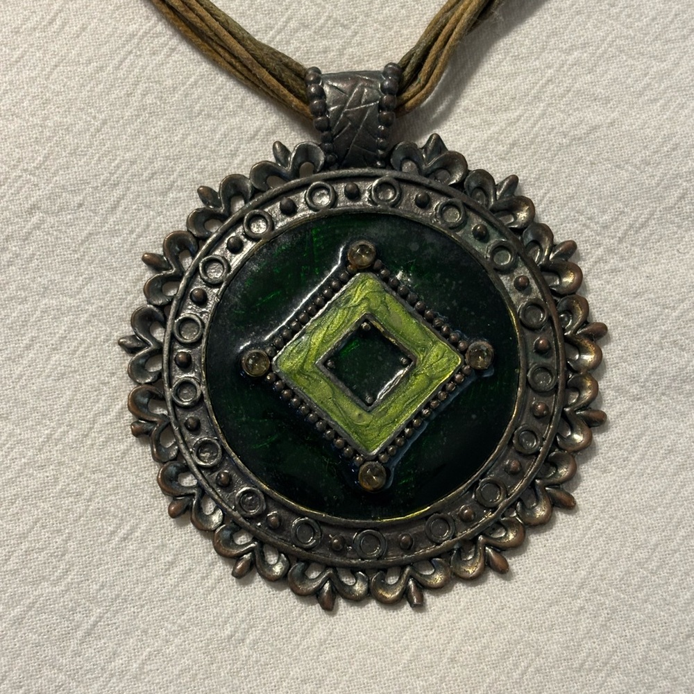 Boho Whimsigoth Choker Green & Bronze Pendant Necklace Statement Jewelry